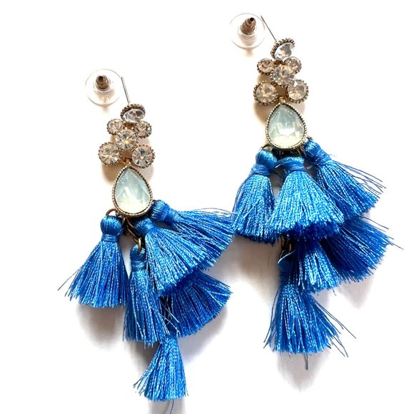 Gorgeous Vibrant Multi Tiered Drop Blue Tassel Earrings with Crystal Rhinestone - Picture 9 of 9